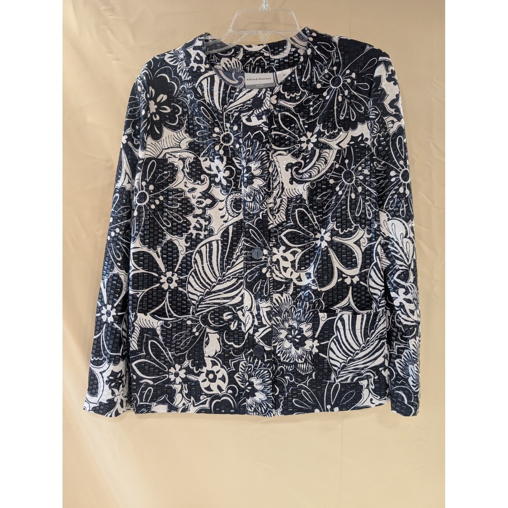 ALFRED DUNNER Petite 16P Button Front Blouse Navy White Floral Textured Top - Picture 1 of 5